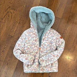 SAVE THE DUCK Geometric Pink and Gray Puffer Jacket